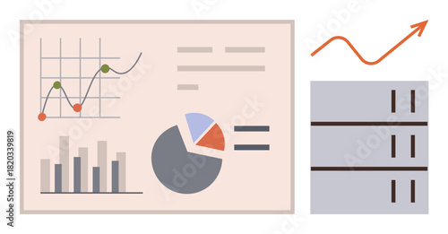 Graphs, pie chart, server racks, and upward arrow represent data analysis, business growth, technology, and analytics. Ideal for data-driven decision-making, business reports finance strategy