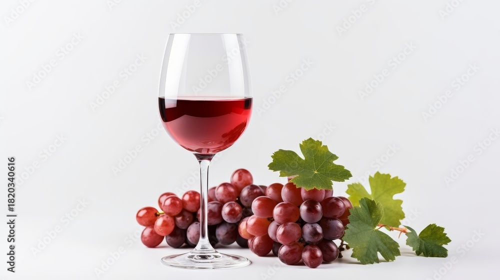 Fototapeta premium Elegance of Wine and Grape: A stemware filled with rich red wine stands gracefully beside clusters of ripe grapes, adorned with lush green leaves.