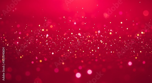 Vibrant red background with shimmering golden and pink bokeh light particles creating a festive and magical abstract glow for celebratory design elements