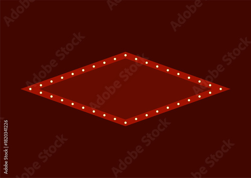 Retro diamond marquee sign board with glowing light bulbs flat illustration