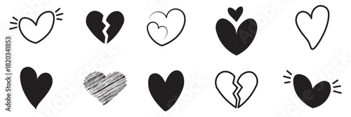 Heart doodle vector set. Hand draw element with heart in different shape. Elements on white background for banner, decoration, street art and ads.