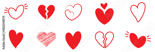 Heart doodle vector set. Hand draw element with heart in different shape. Elements on white background for banner, decoration, street art and ads.