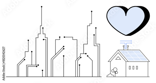 City skyline with circuit patterns, solar-powered home with panels, and heart. Ideal for sustainability, smart technology, urban life, energy, connectivity eco-friendliness future. Simple flat