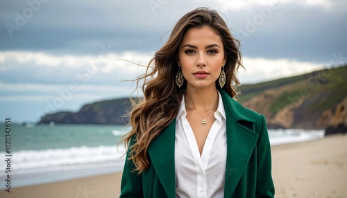 A woman with long, flowing brown hair, wearing a green coat and white shirt, stands on a beach, gazing towards the viewer