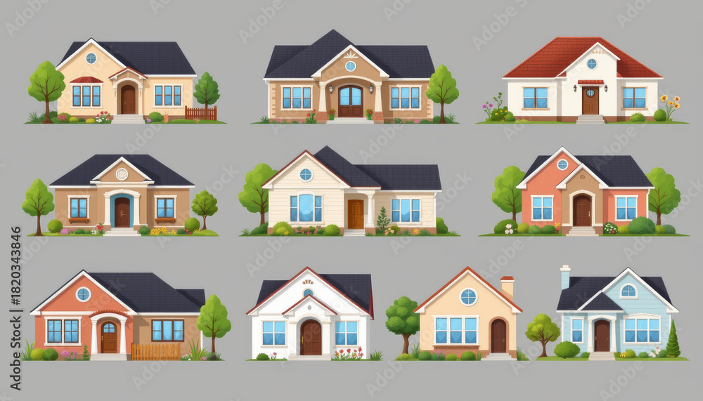 Naklejka premium House bungalow cottage suburban facade roof window door tree lawn Cozy suburban house bungalow cottage facade with roof window door tree lawn