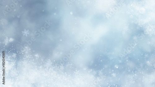 Fototapeta Naklejka Na Ścianę i Meble -  Magical winter background with icy blue snowflakes and soft bokeh lights, rozen fantasy landscape with white snowflakes and copy space