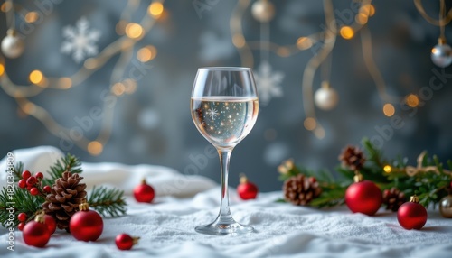 Glass of sparkling beverage rests on white surface amidst festive holiday decorations and bokeh lights
