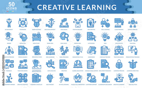 Creative Learning icon set blue style collection. Containing achievement, teamwork, brain training, idea development, discussion, positive review, creation, goal progress
