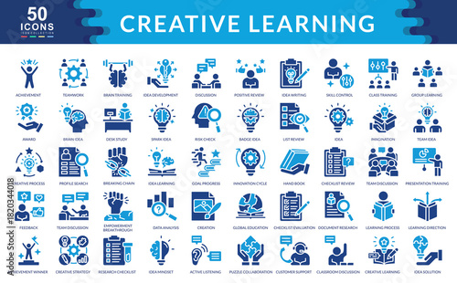 Creative Learning icon set flat style collection. Containing achievement, teamwork, brain training, idea development, discussion, positive review, creation, goal progress