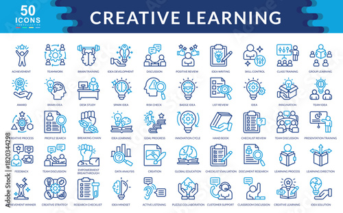 Creative Learning icon set outline color style collection. Containing achievement, teamwork, brain training, idea development, discussion, positive review, creation, goal progress