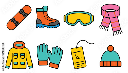 Colorful Winter Sports Icon,  Snowboard, Boots, Goggles, Ski Gear, Helmet, Gloves Vector Illustration, Winter Recreation, Alpine Sports Equipment, Flat Design Graphics