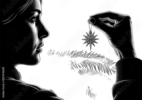 High contrast black and white portrait of a woman holding a star ornament.
