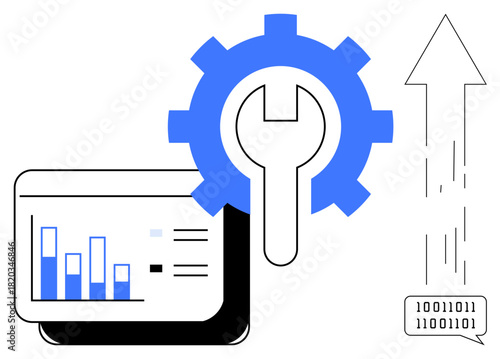 Bar chart showing data, gear with wrench symbolizing tools, upward arrow implying growth, binary code hinting digital process. Ideal for technology, analytics, growth, innovation, productivity