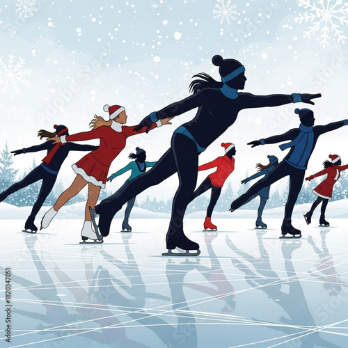 A group of silhouetted people ice skating together on a frozen surface during winter.