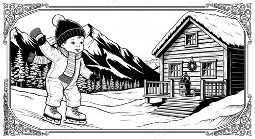 Adorable cartoon child ice skating in a warm winter snowsuit.