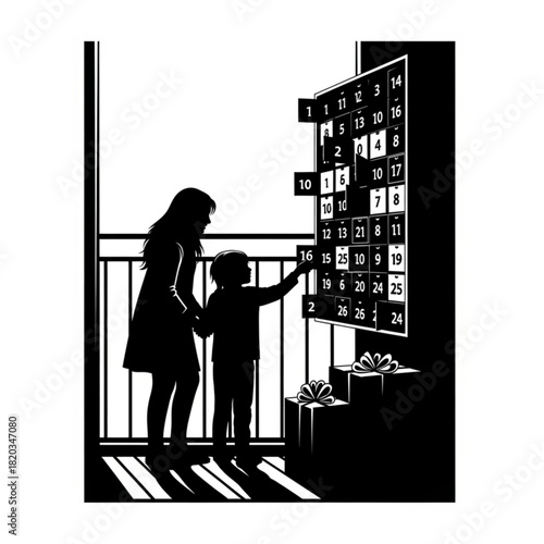 Silhouette of two children excitedly opening a large advent calendar.