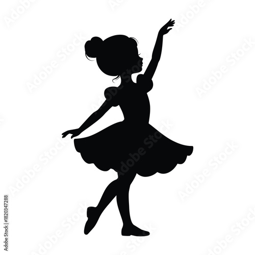 Silhouette of a young girl ballerina dancing gracefully in a classic pose, with her hair in a bun and wearing a dress