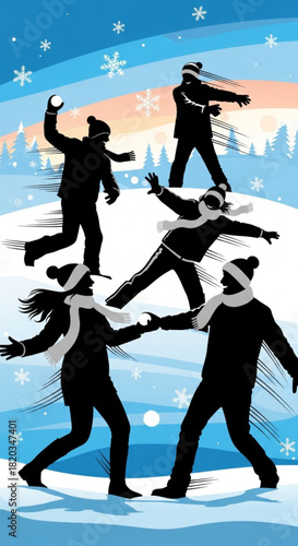 Silhouettes of blindfolded people playing a winter game in the snow.