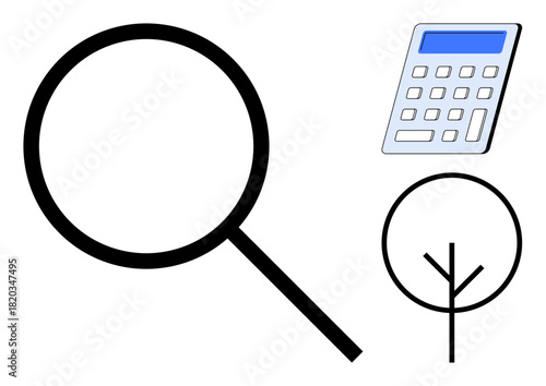 Large magnifying glass alongside a calculator and minimalist tree symbolizing research, calculation, and growth. Ideal for science, finance, education, environment, problem-solving, data and logic