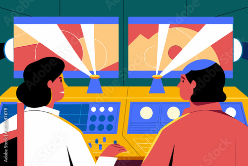 Scientists collaborating in a modern laboratory, analyzing data on screens, showcasing innovative research and teamwork in a vibrant, high-tech environment with advanced technology