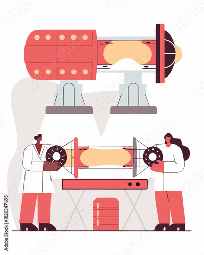 Scientists in a laboratory working on next-generation propulsion systems, collaborating with advanced holograms of airflow simulations, showcasing innovative design concepts and teamwork