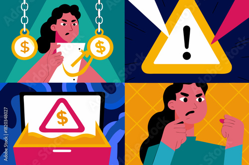 Flat vector illustration set featuring diverse danger signs related to financial issues, including warning symbols and expressions of concern, emphasizing caution and awareness in monetary matters