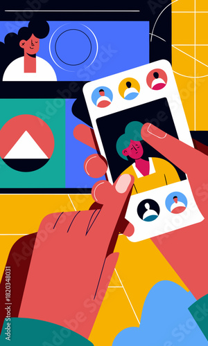 Flat vector illustration of a user tapping follow buttons on a smartphone, showcasing social media engagement and interaction with colorful interface elements