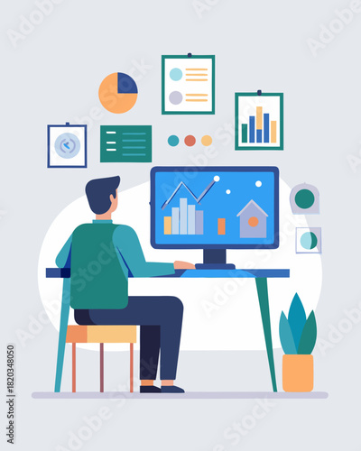 Person seated at a home desk, viewing a holographic personal finance dashboard with charts and forecasts, surrounded by a modern workspace and decorative elements