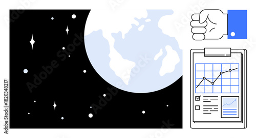 Earth in space, analysis chart on clipboard, clenched fist. Ideal for leadership, strategy, growth, analytics, ambition goal setting global vision. Minimalist flat metaphor