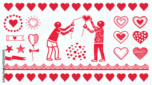 Whimsical red hearts and figures celebrating love and romance with festive elements