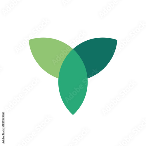 Three overlapping, stylized green leaves radiate from a central point, creating a trefoil shape against a clean white background, conveying a fresh, organic feel.
