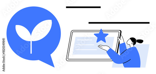 Leaf inside a speech bubble represents growth or sustainability. Person interacting with a tablet showcasing a star element. Ideal for eco-tech, innovation, digital solutions, growth, sustainability