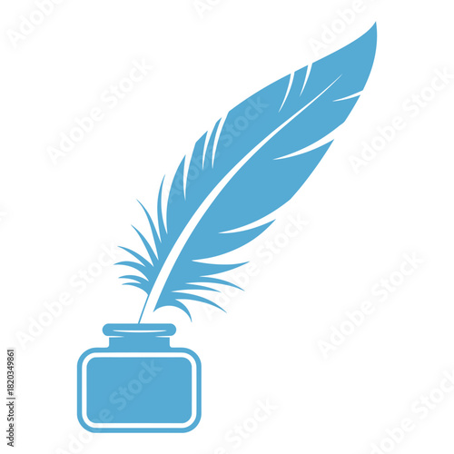 A classic blue feather quill pen dipped into an inkwell, symbolizing writing, literature, and historical communication