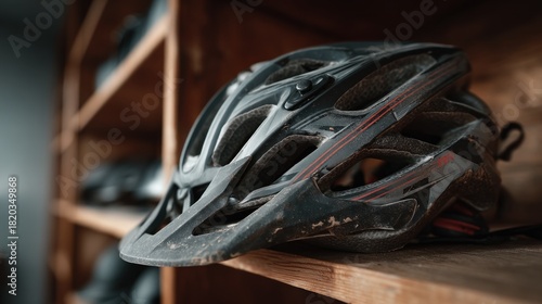 Dark gray bicycle helmet rests on a wooden shelf, showing signs of use.