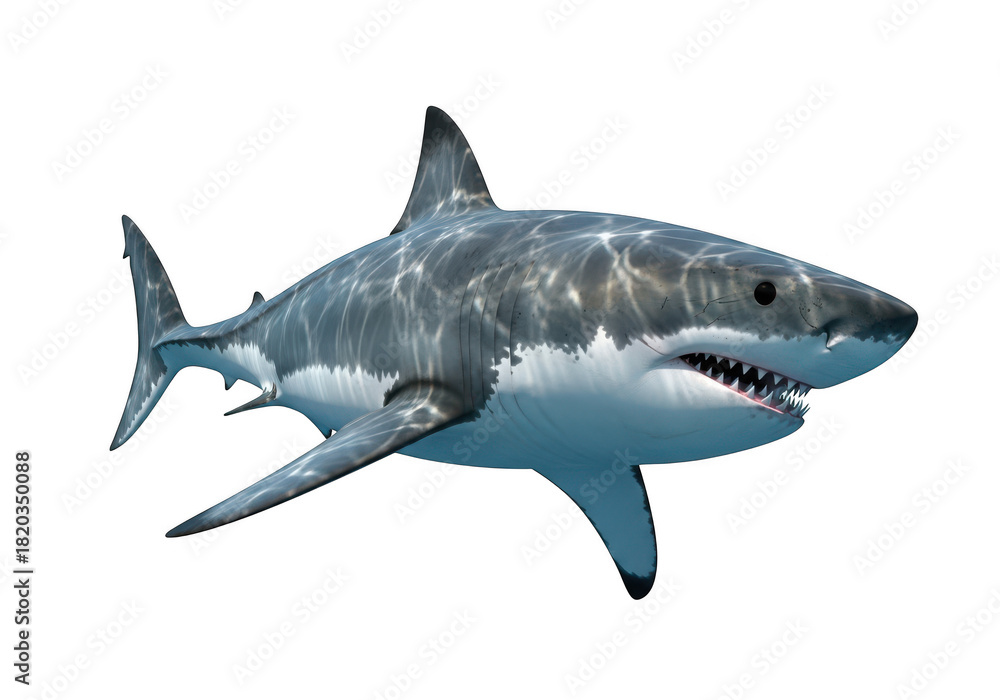 Fototapeta premium Great white shark swimming underwater, isolated on a black background, side view isolated on transparent background