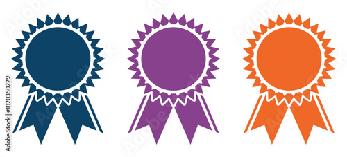 Colorful Award Rosettes Vector – Blue, Purple, Red Prize Ribbons, First Place Winner Illustration, Quality Award, Event Celebration Graphics, Achievement Vector Design