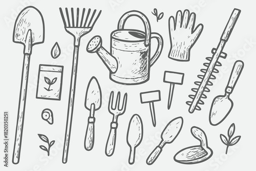 Black and White Hand-Drawn Garden Workshop Tool Sketch Set