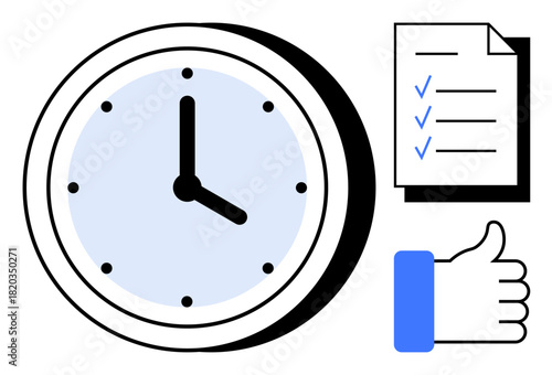 Time management concept. Clock, checklist, and thumbs up efficiency, organization, and productivity. Time management boosts task completion, workflow and goal achievement. business productivity