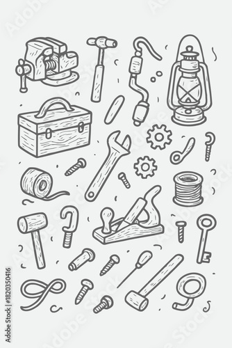 Vintage Workshop Doodle Set | Hand-Drawn Rustic Tools & Sketch Line Icons