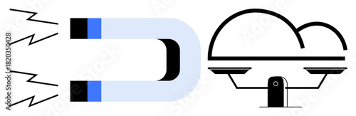 Horseshoe magnet emitting sparks pulls toward a cloud balanced on a scale. Ideal for attraction, opposition, decision-making, duality, technology, innovation, physics. Simple flat metaphor