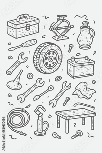 Hand-Drawn Garage Tools Set | Sketchy Mechanical Icons & Workshop Doodles