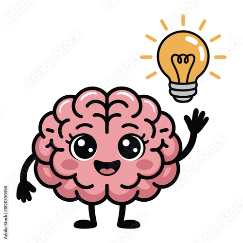 Cute cartoon brain character with a glowing lightbulb above, representing a new idea, creative thought, or problemsolving moment