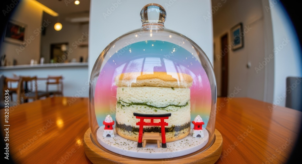 Fototapeta premium Japaneese cheesecake delicious layered matcha cake decorated with a miniature red torii gate and small decorative elements, presented under a glass cloche on a wooden table in a bright cafe setting