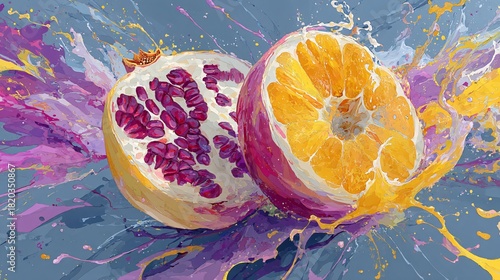 Vibrant Split Fruits with Colorful Splash Background Art