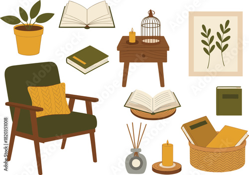 Cozy Hygge Home Interior Vector Illustration Set Featuring Comfortable Armchair, Books, Potted Plant, Scent Diffuser, and Candles for Lifestyle and Decor.