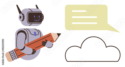 Robot holding a pencil with a smiling face, speech bubble, and cloud. Ideal for AI, creativity, communication, education, technology innovation writing. A simple flat metaphor