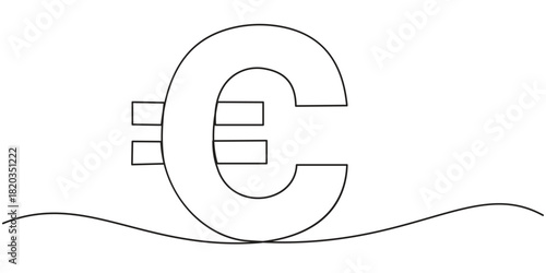 Continuous one line drawing of a euro currency. Single continuous line of a euro currency sign. Vector illustration