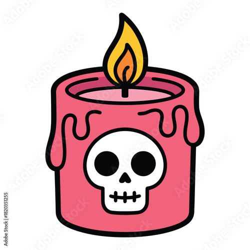 Vibrant pink candle with a stylized skull design and a flickering flame, creating a spooky yet playful atmosphere