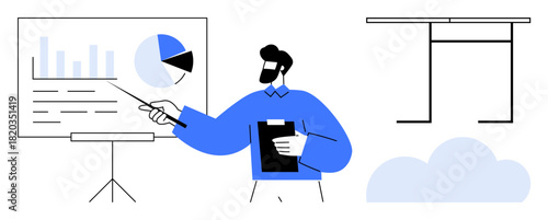 Professional presenting data on a screen with graphs, clipboard in hand. Ideal for analytics, education, teamwork, remote work, brainstorming, business planning, simple flat metaphor