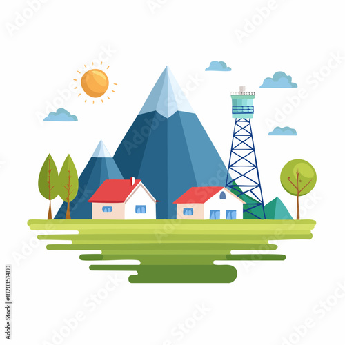 Nature and landscape. Vector modern geometric illustration of mountain, houses and tower, village, eco farm